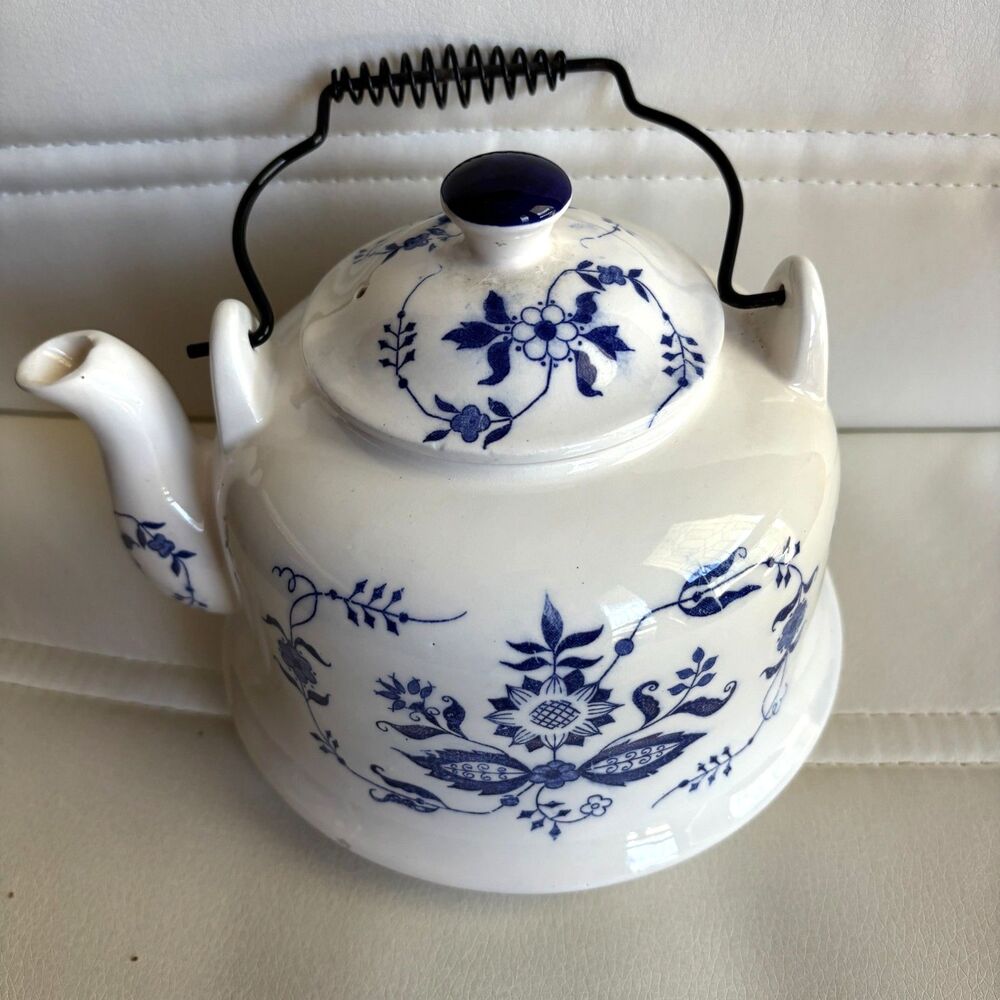 Vintage Blue Onion Floral Ceramic Teapot Wire Metal Handle Cobalt Blue White